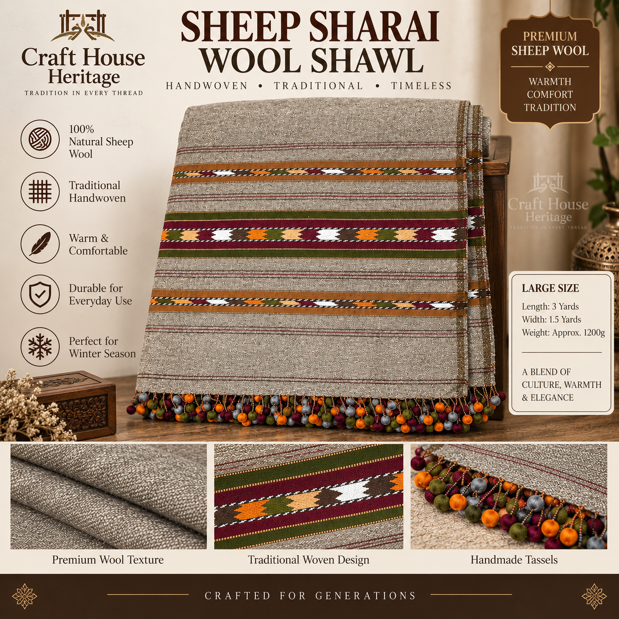 Sheep wool shawl “Sharai” shawl for men