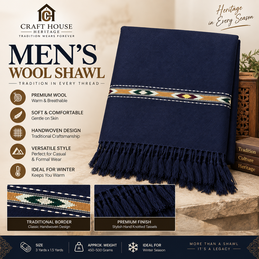 Navy Blue Wool Shawl for Men – Handwoven Traditional Border Shawl- SH-35