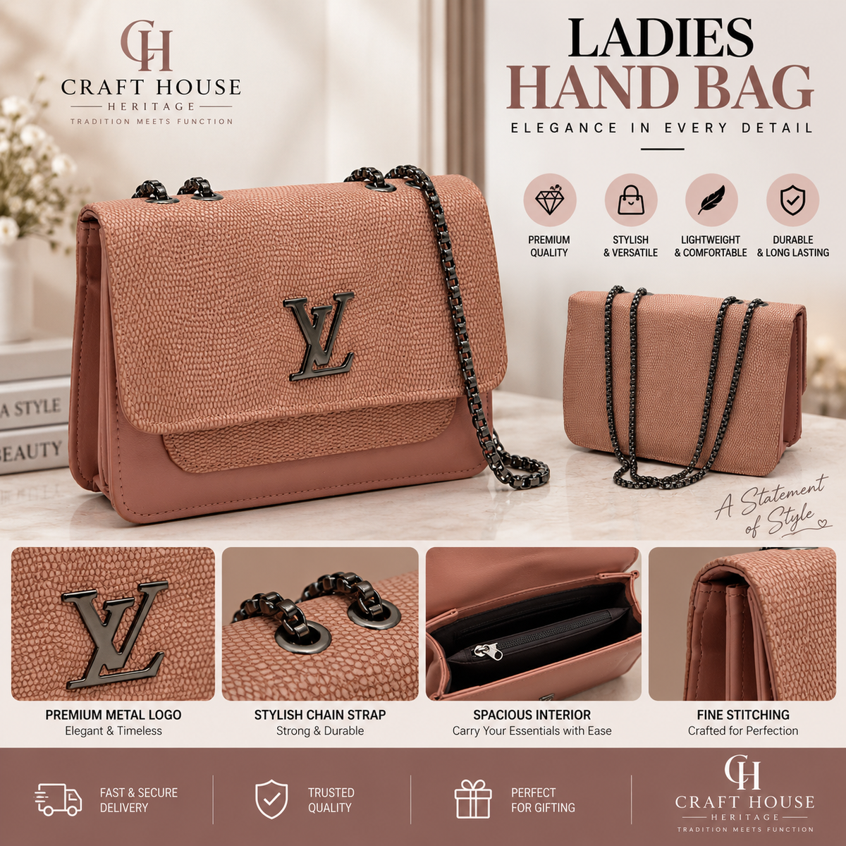 Premium Ladies Handbag – Textured Shoulder Bag with Stylish Chain Strap