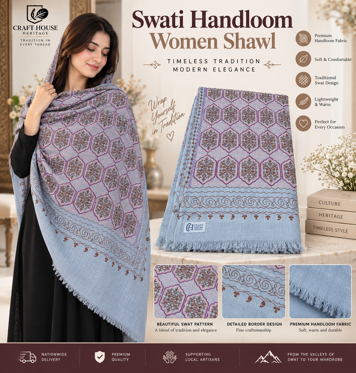 Handloom Shawl for Women with machine embroidered work - Grey