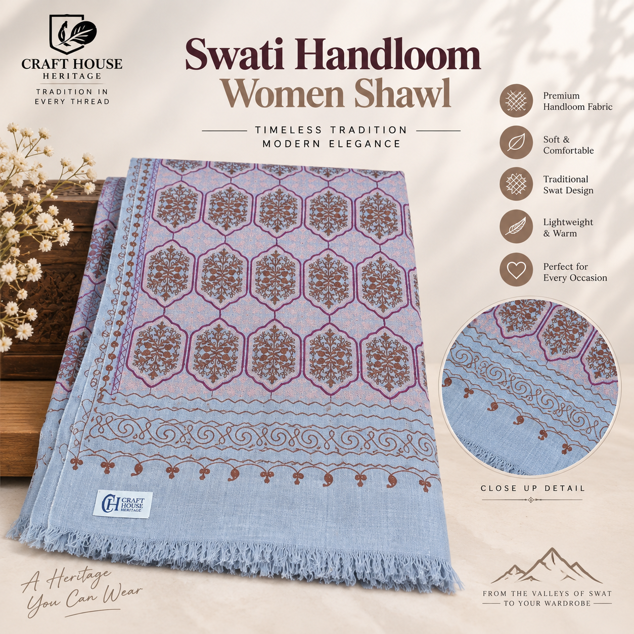 Handloom Shawl for Women with machine embroidered work - Grey