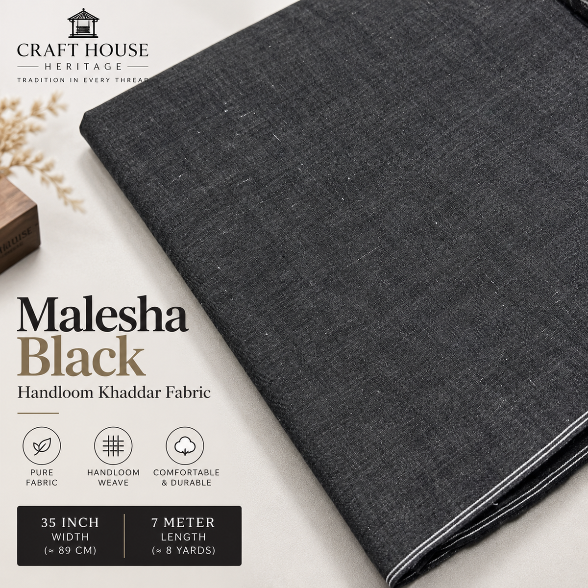 Malesha Black Handloom Charsadda Woolen Khaddar Fabric for Men