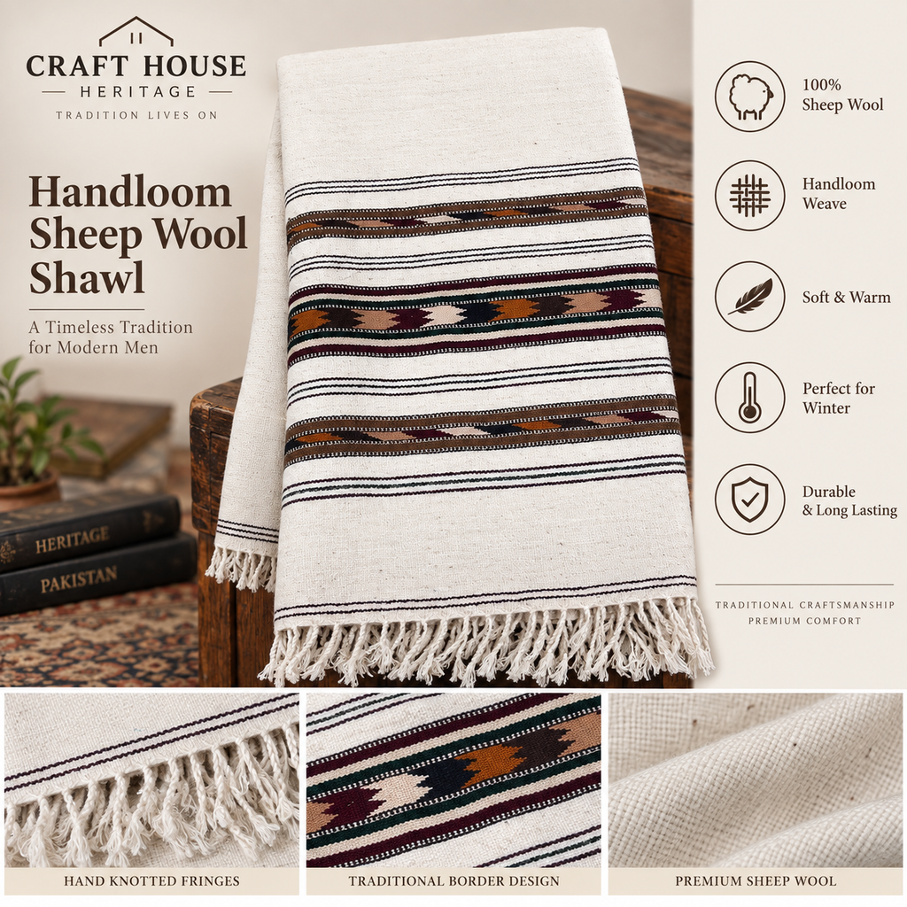 Handloom Sheep Wool Shawl (Sharai) for Men – Traditional Heritage Design - Off white