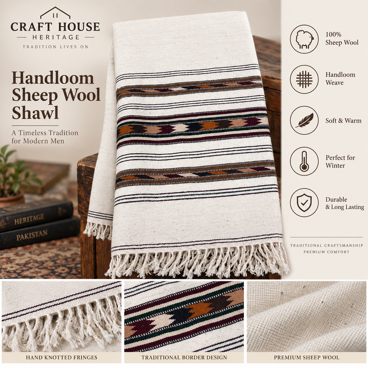 Handloom Sheep Wool Shawl (Sharai) for Men – Traditional Heritage Design - Off white