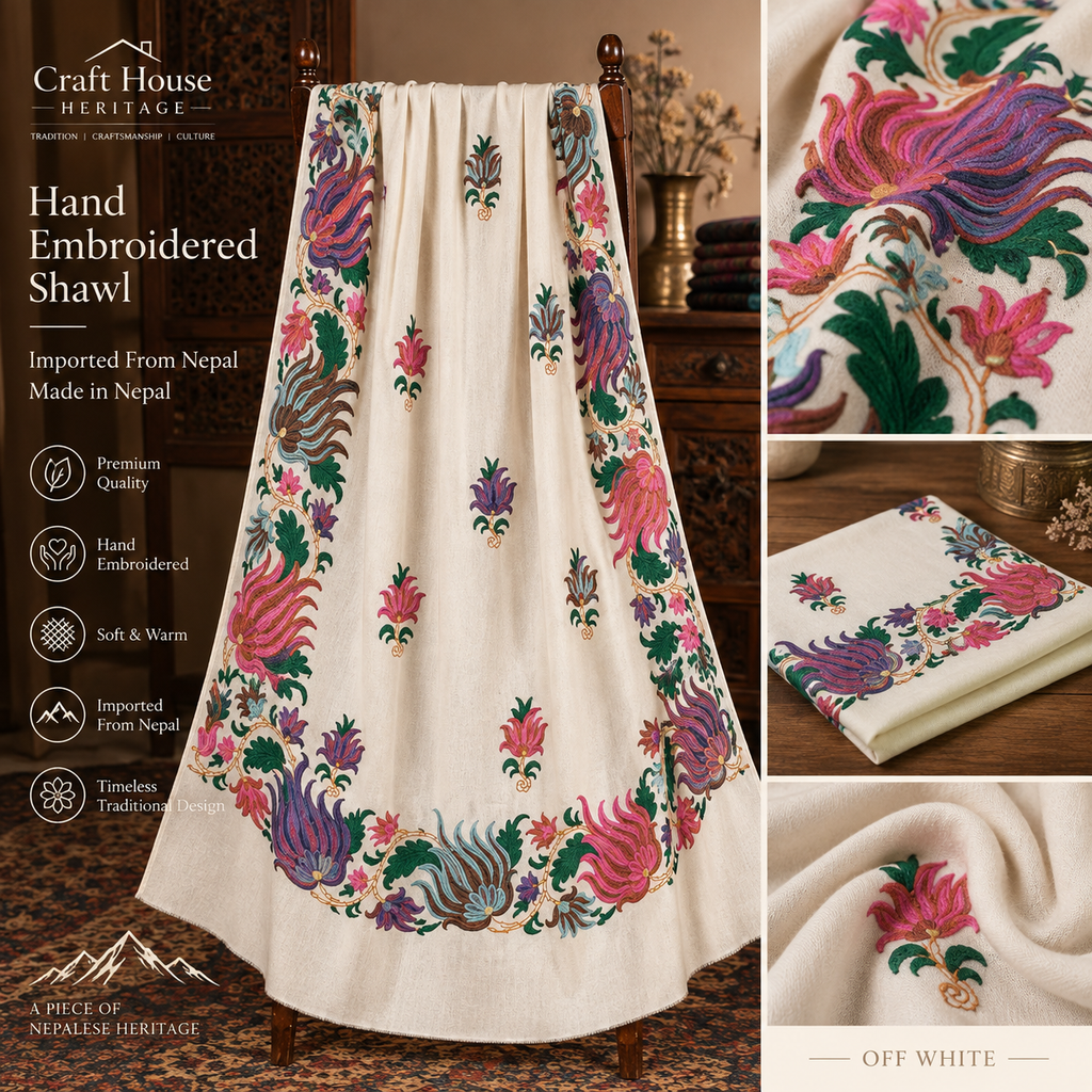 Hand Embroidered Nepalese Shawl for Women – Off White Floral Heritage Shawl