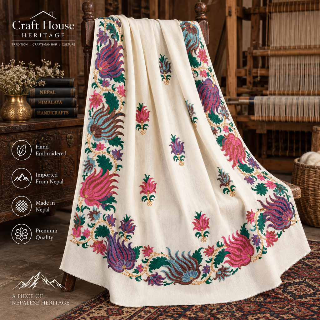 Hand Embroidered Nepalese Shawl for Women – Off White Floral Heritage Shawl