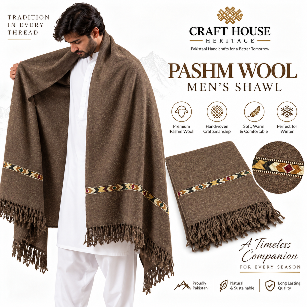 Premium Pashm Wool Men’s Shawl – Handwoven Brown Heritage Shawl