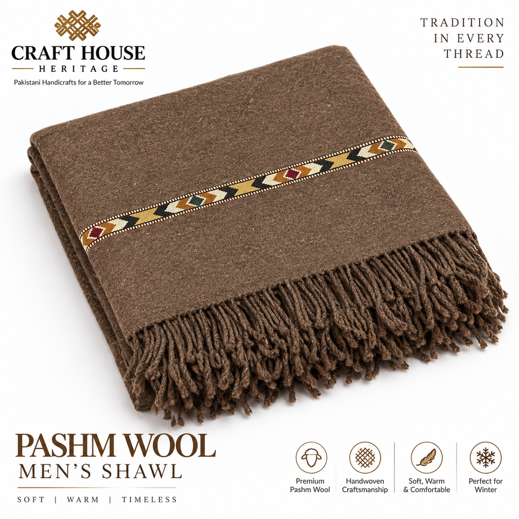 Premium Pashm Wool Men’s Shawl – Handwoven Brown Heritage Shawl