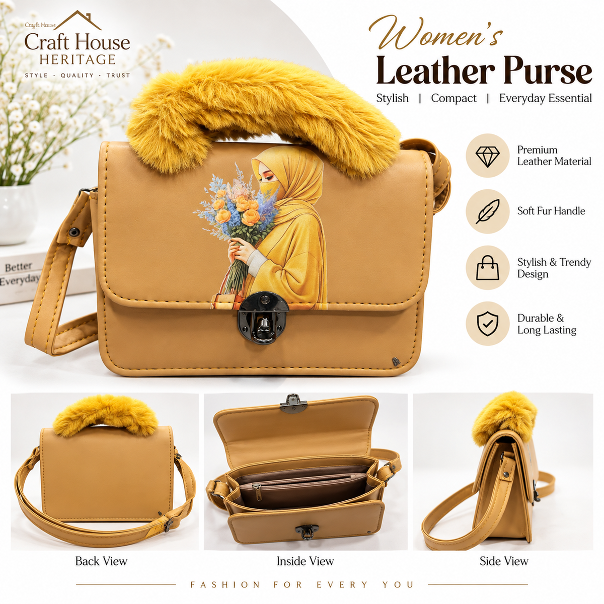 Yellow Leather Crossbody Purse for Women with Fur Handle & Stylish Printed Design