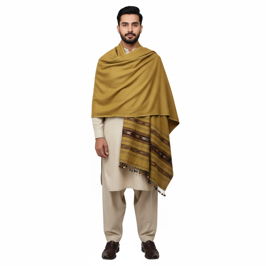 Handmade wadera style camel color tri border shawl for men