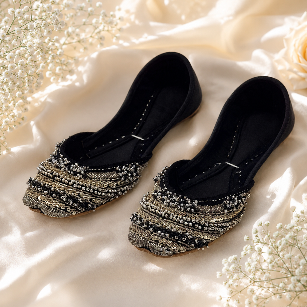 Premium Embroidered Ladies Khussa with Beadwork- Black