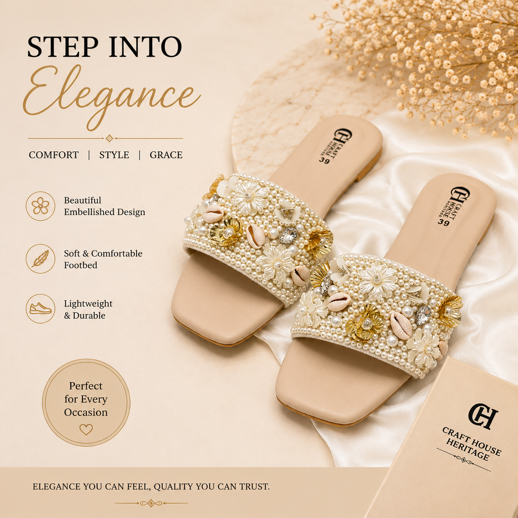 Handmade Pearl Embellished Ladies Flat Slippers – Elegant Floral Beaded Summer Slides | Soft & Comfortable Casual Sandals