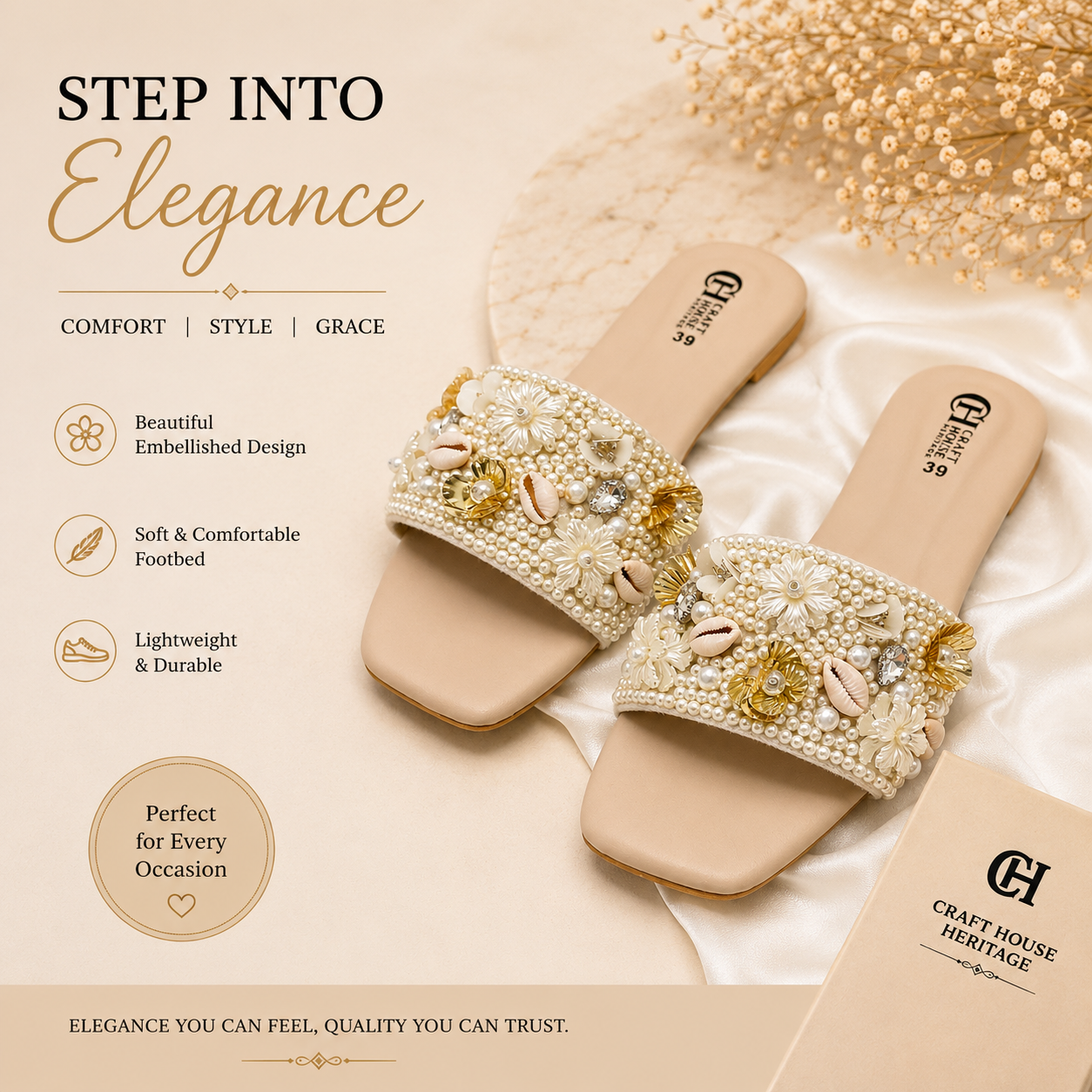 Handmade Pearl Embellished Ladies Flat Slippers – Elegant Floral Beaded Summer Slides | Soft & Comfortable Casual Sandals
