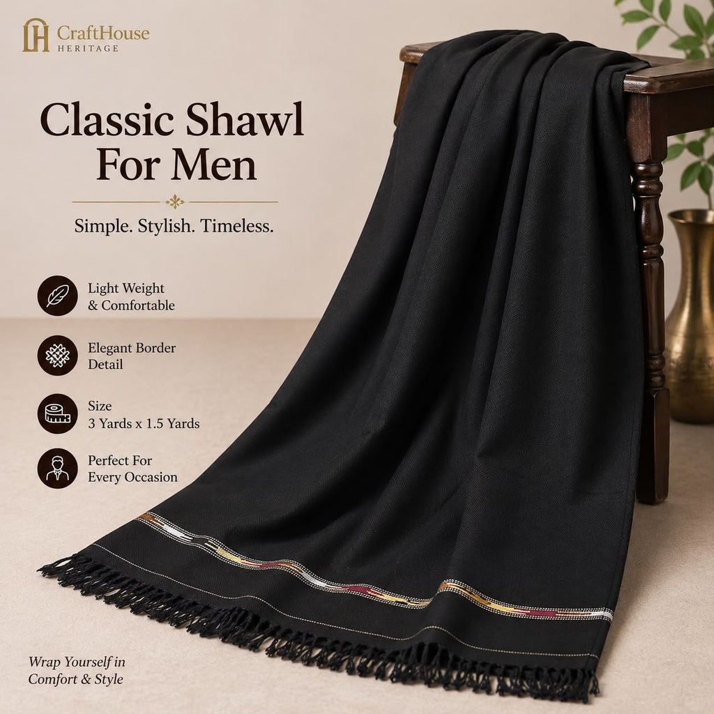 Handmade narrown border Shawl For Men - Black