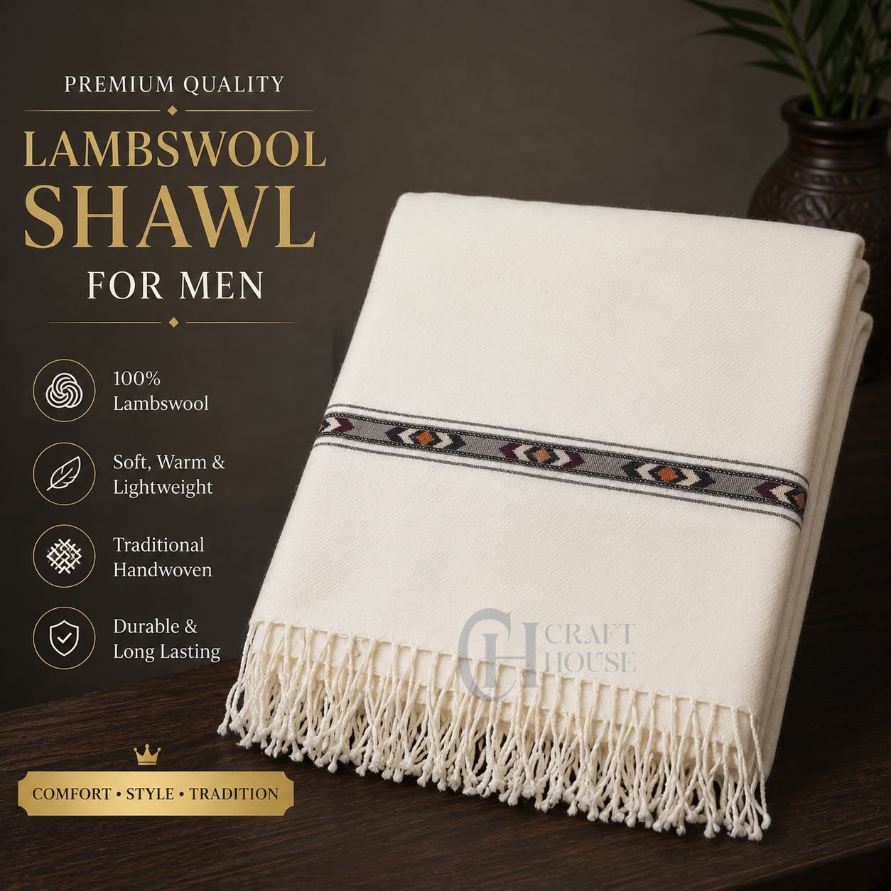 Handmade Pure Lambswool Shawl for Men – Off white