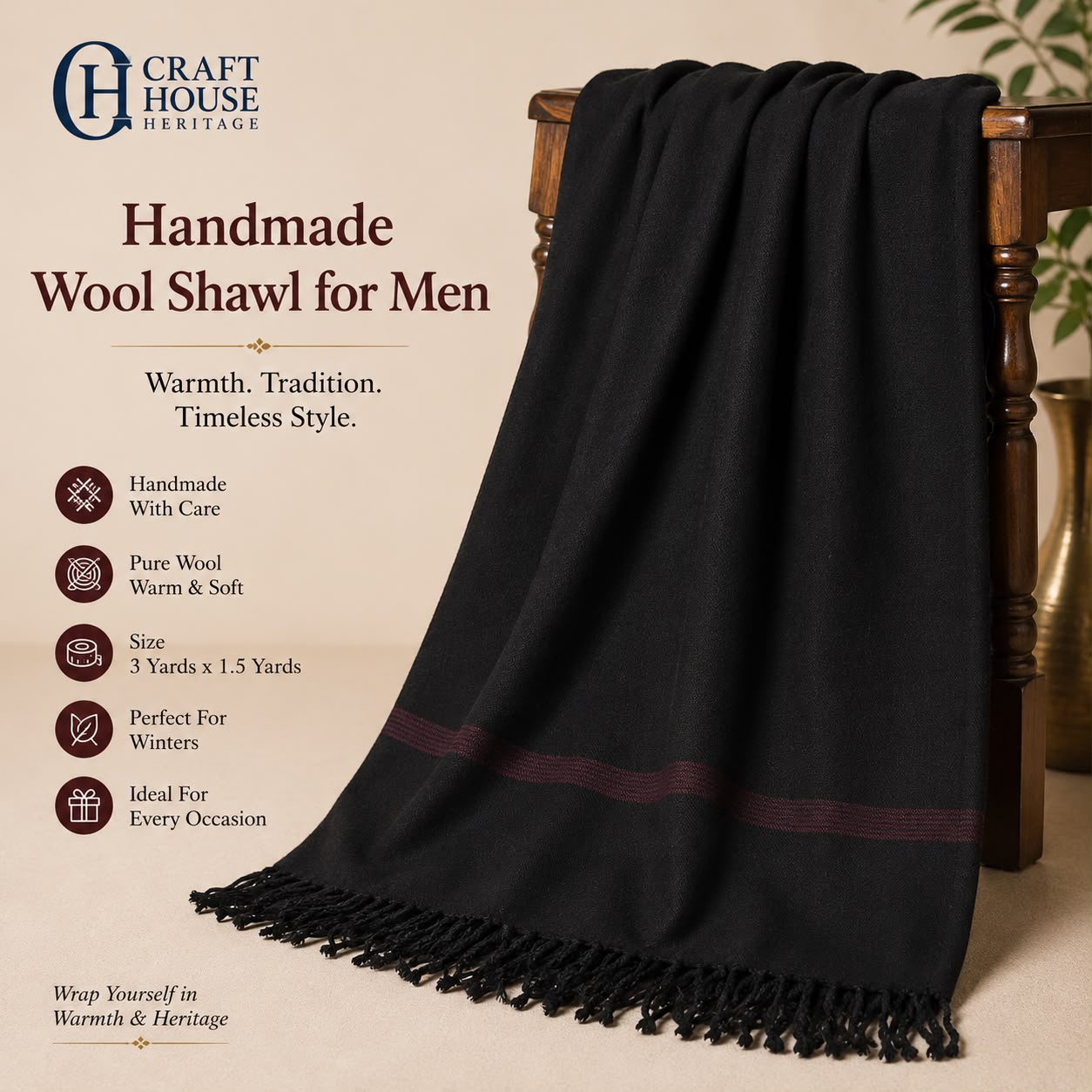 Handmade Black Wool Shawl for Men - Black