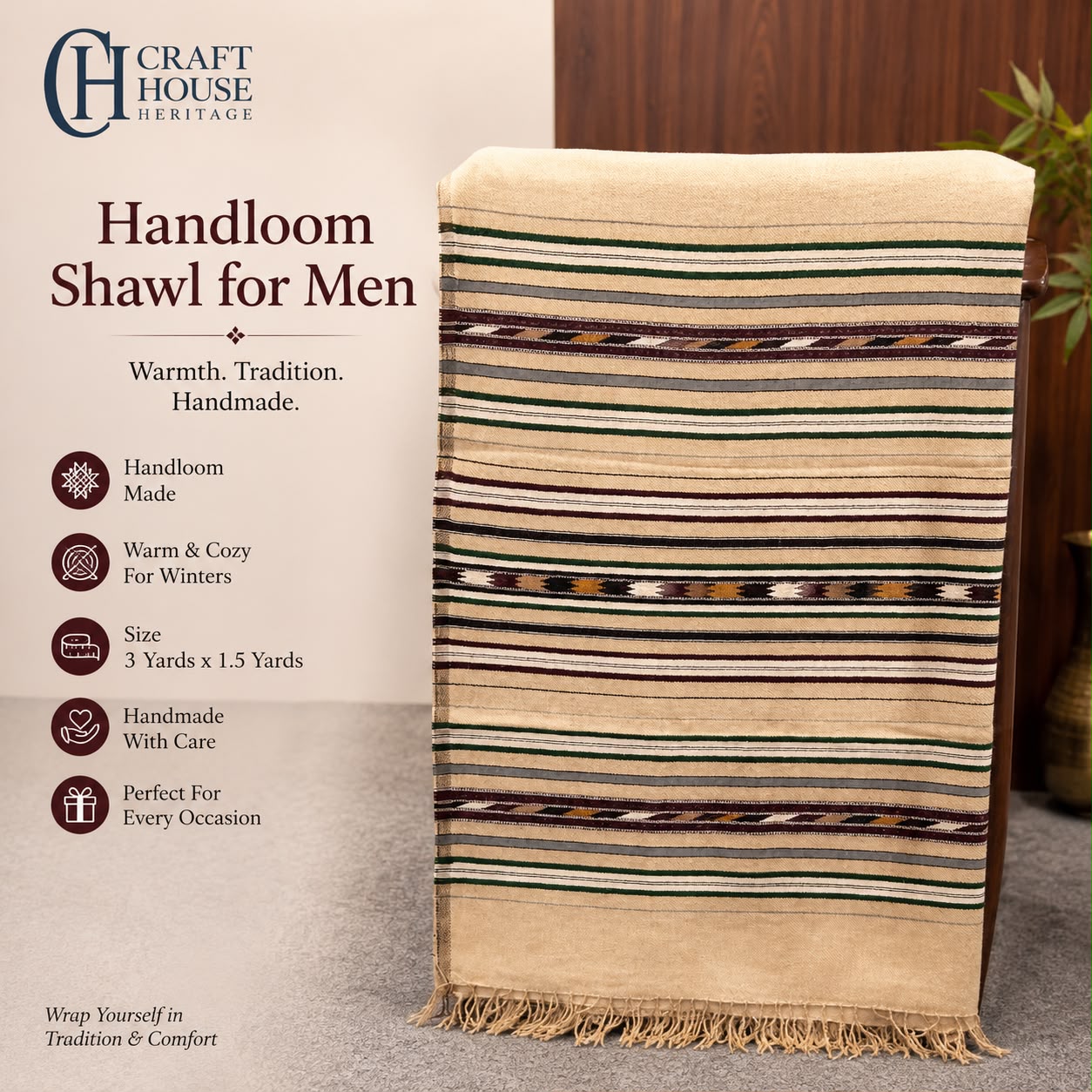 Handmade Camel Wool Shawl for Men – 7 Border Traditional Winter Shawl