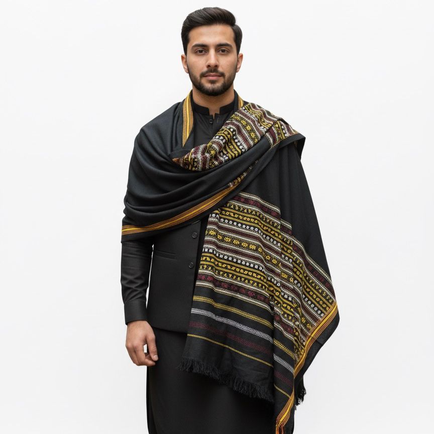 Handmade multi borders shawl manzoor pashteen style shawl for Men