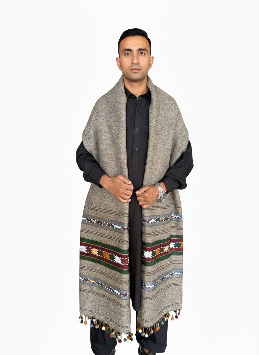 Handmade Wadera style 3 border shawl for Men balls design