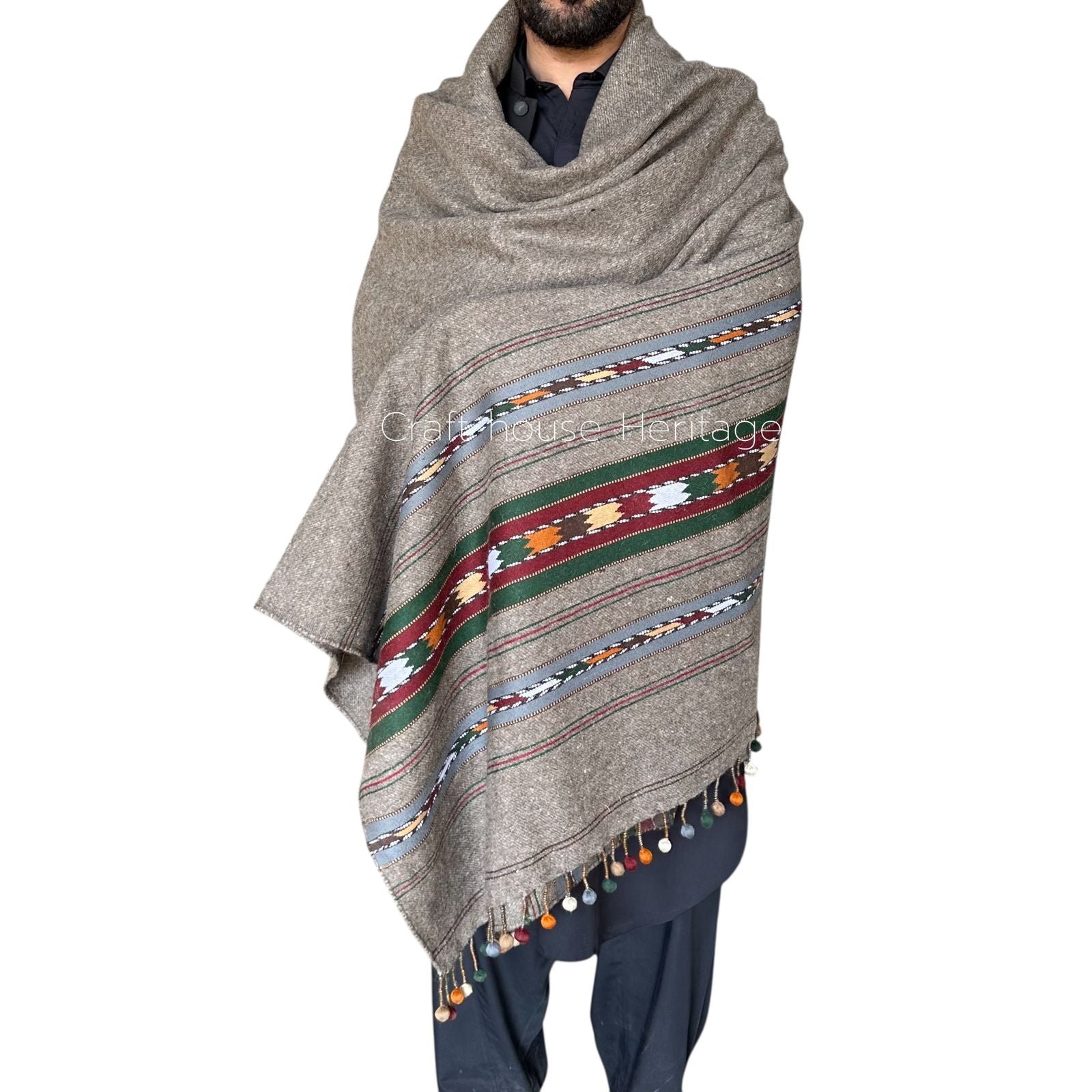 Handmade Wadera style 3 border shawl for Men balls design