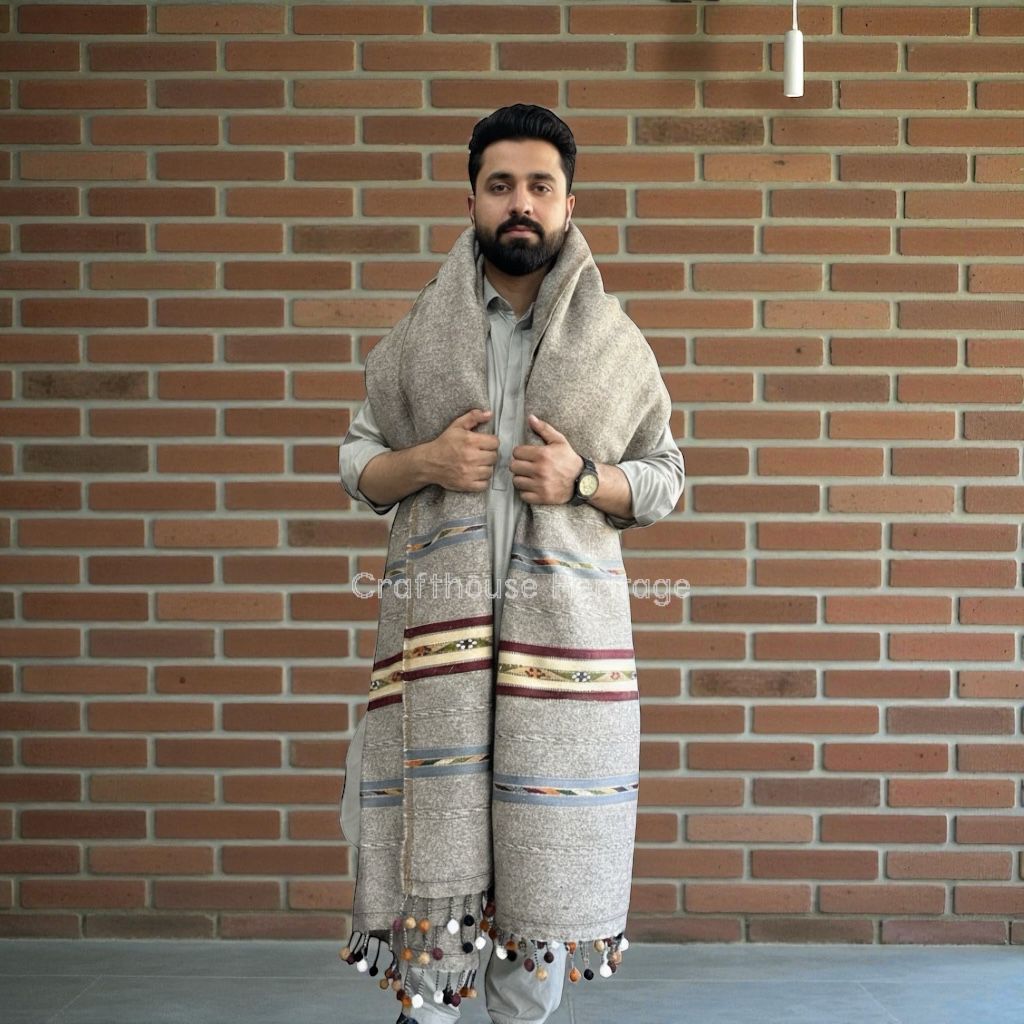 Handmade Wadera style 3 border shawl for Men balls design Shawl Design 3
