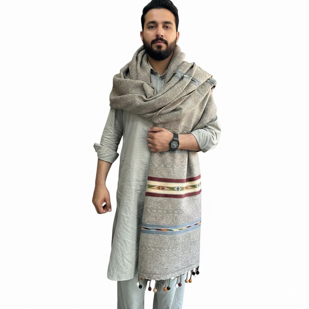 Handmade Wadera style 3 border shawl for Men balls design Shawl Design 3