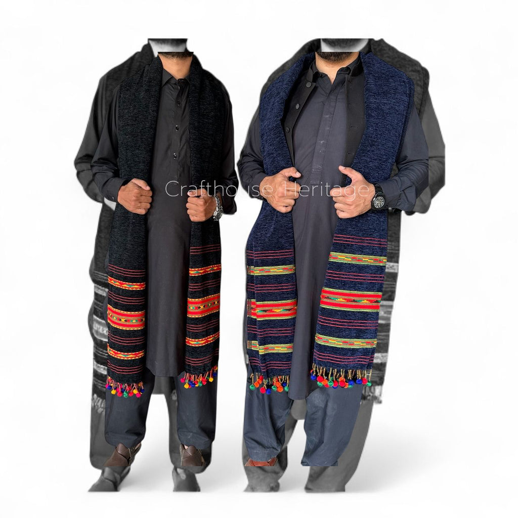 Handmade Winter shawl for Men tri border balls shawl