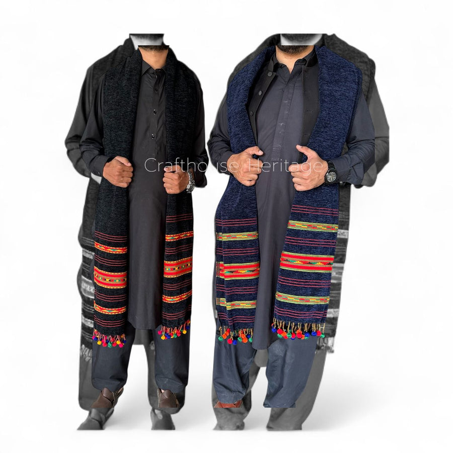 Handmade Winter shawl for Men tri border balls shawl