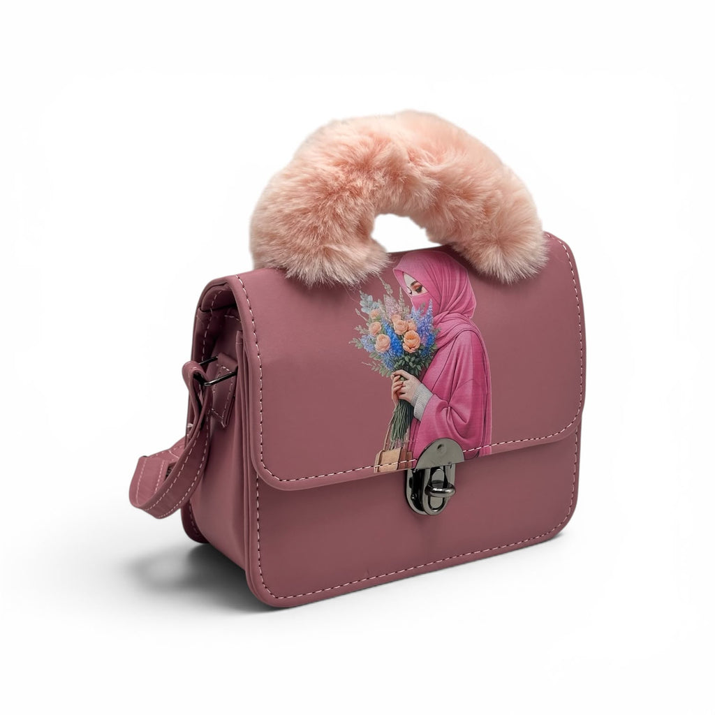 Noor Blossom Fur Handle Leather Bag for Women – Elegant Crossbody & Hand Carry Purse