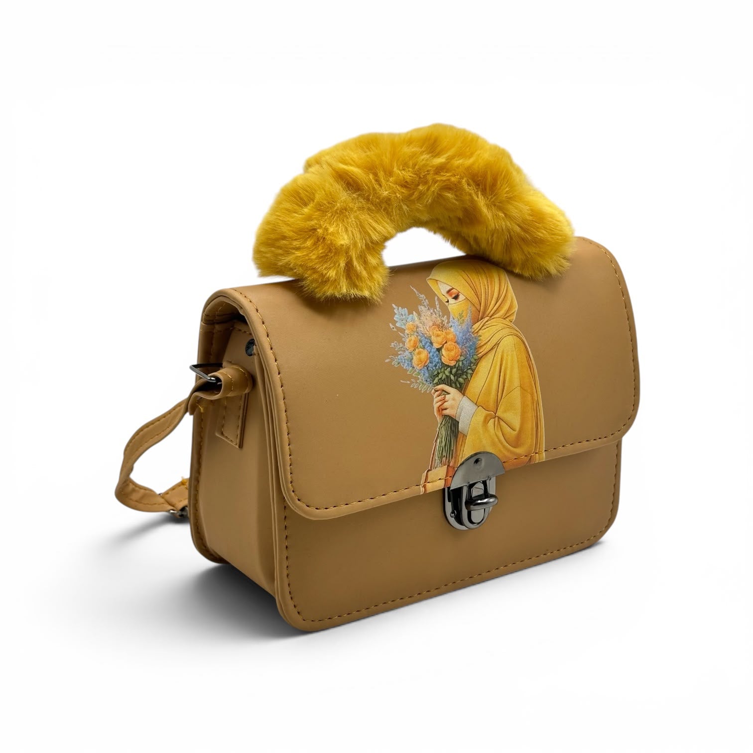 Noor Blossom Fur Handle Leather Bag for Women - Yellow