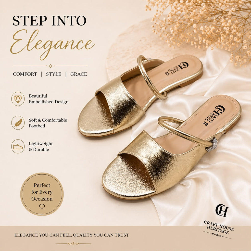 Women's Golden Flat Slippers – Premium Metallic Soft Sole Slip-On Sandals