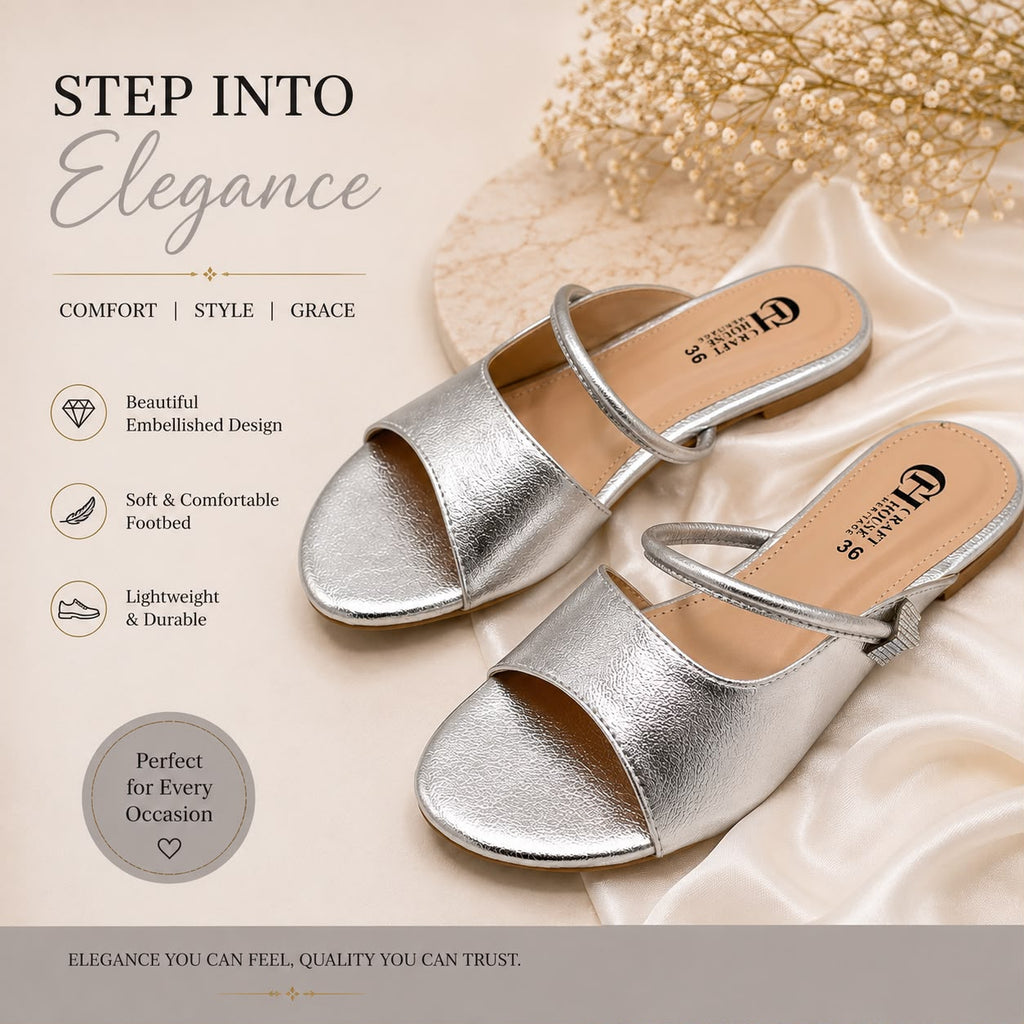 Women's Silver Flat Slippers – Premium Metallic Soft Sole Slip-On Sandals