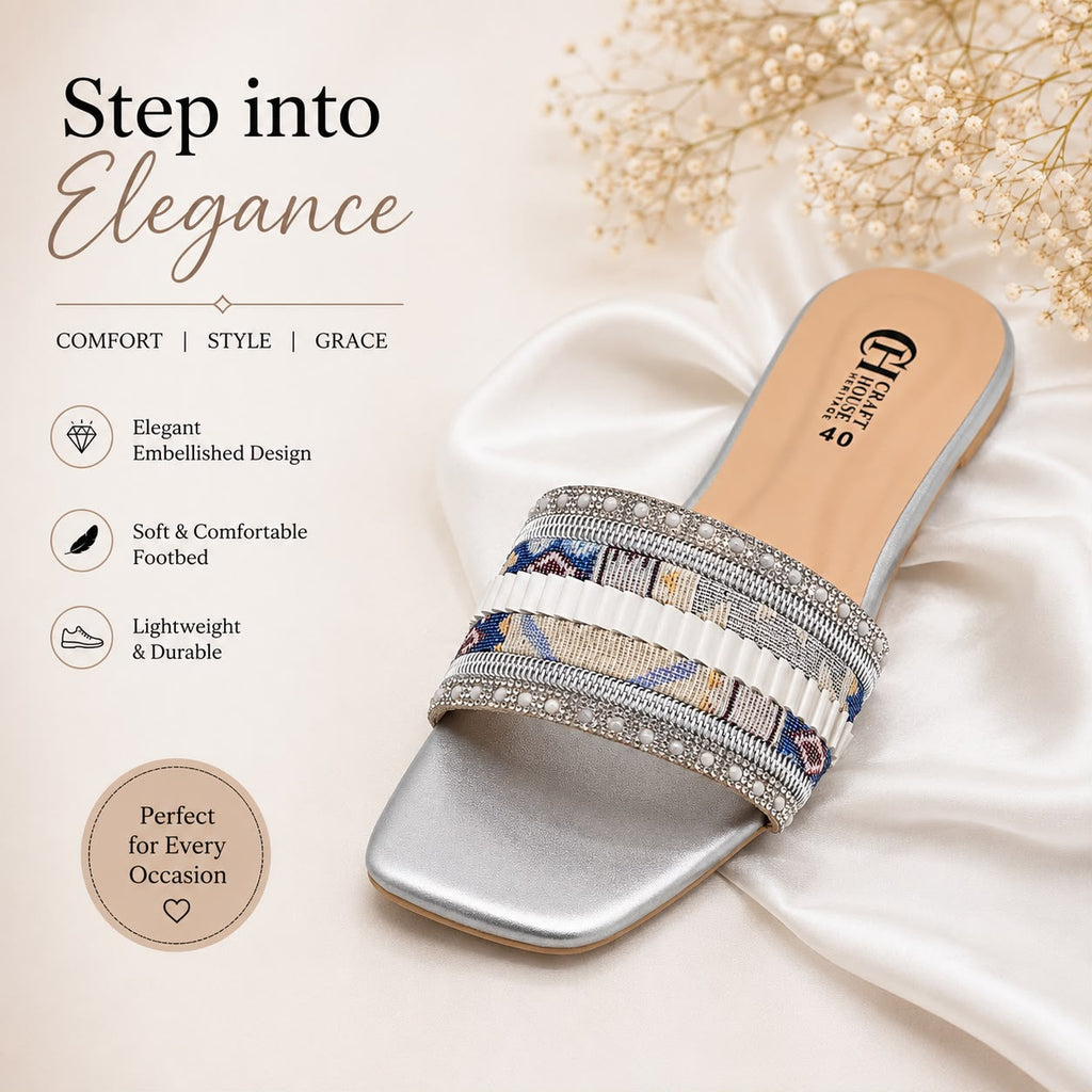 Handmade Silver Women's Flat Slippers – Elegant Embellished Soft Sole Slip-On Sandals for Casual, Party & Festive Wear