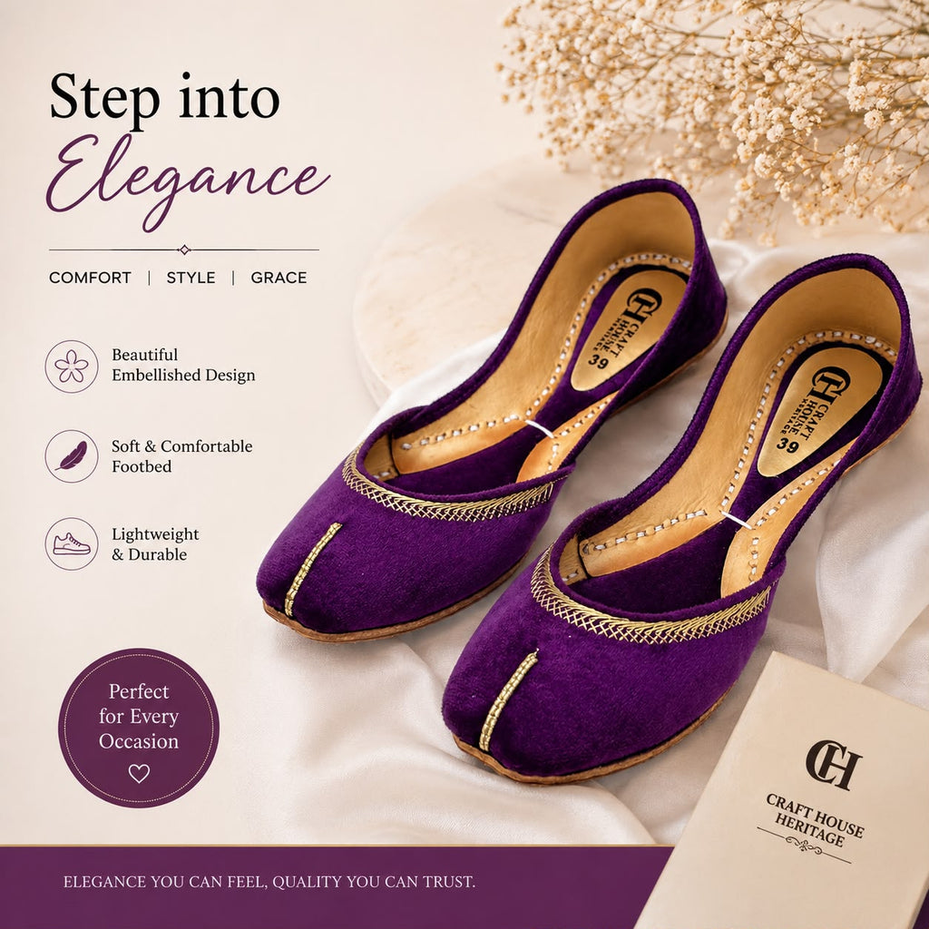 Handmade Premium Purple Velvet Khussa for Women – Traditional Soft Sole Ethnic Flats