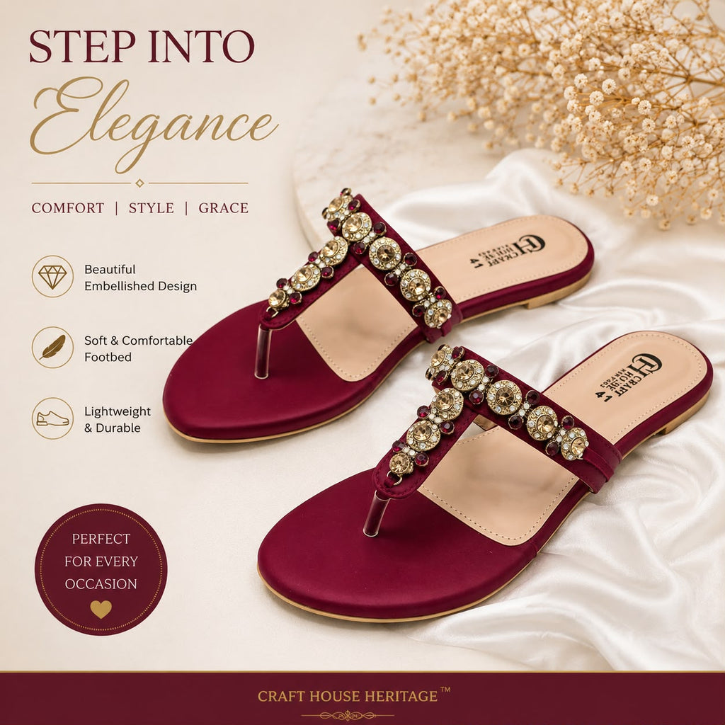 andmade Mehroon Embellished Women's Flat Slippers – Elegant Soft Sole Fancy Sandals for Party