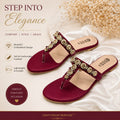 andmade Mehroon Embellished Women's Flat Slippers – Elegant Soft Sole Fancy Sandals for Party
