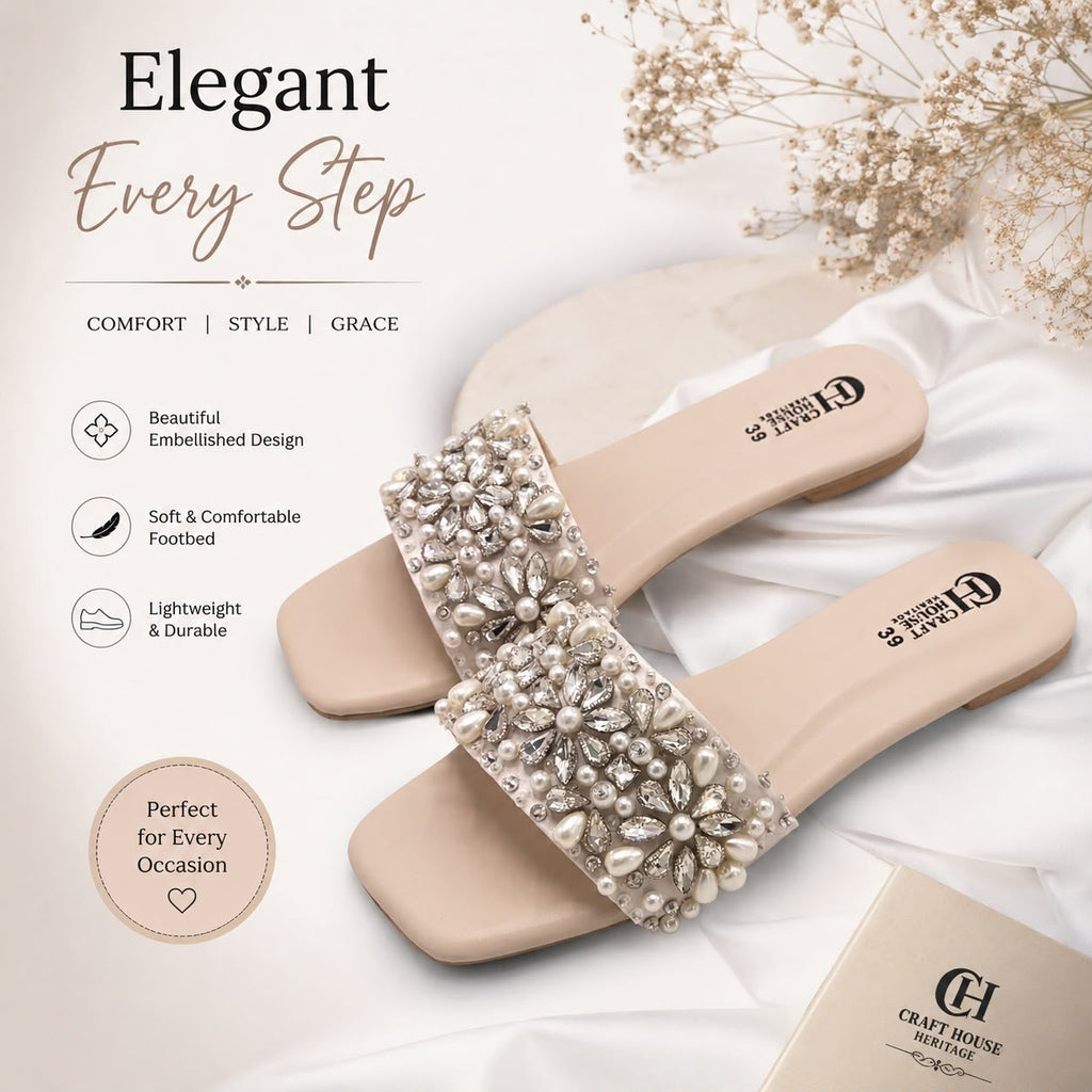 Handmade Pearl & Crystal Embellished Women's Flat Slippers