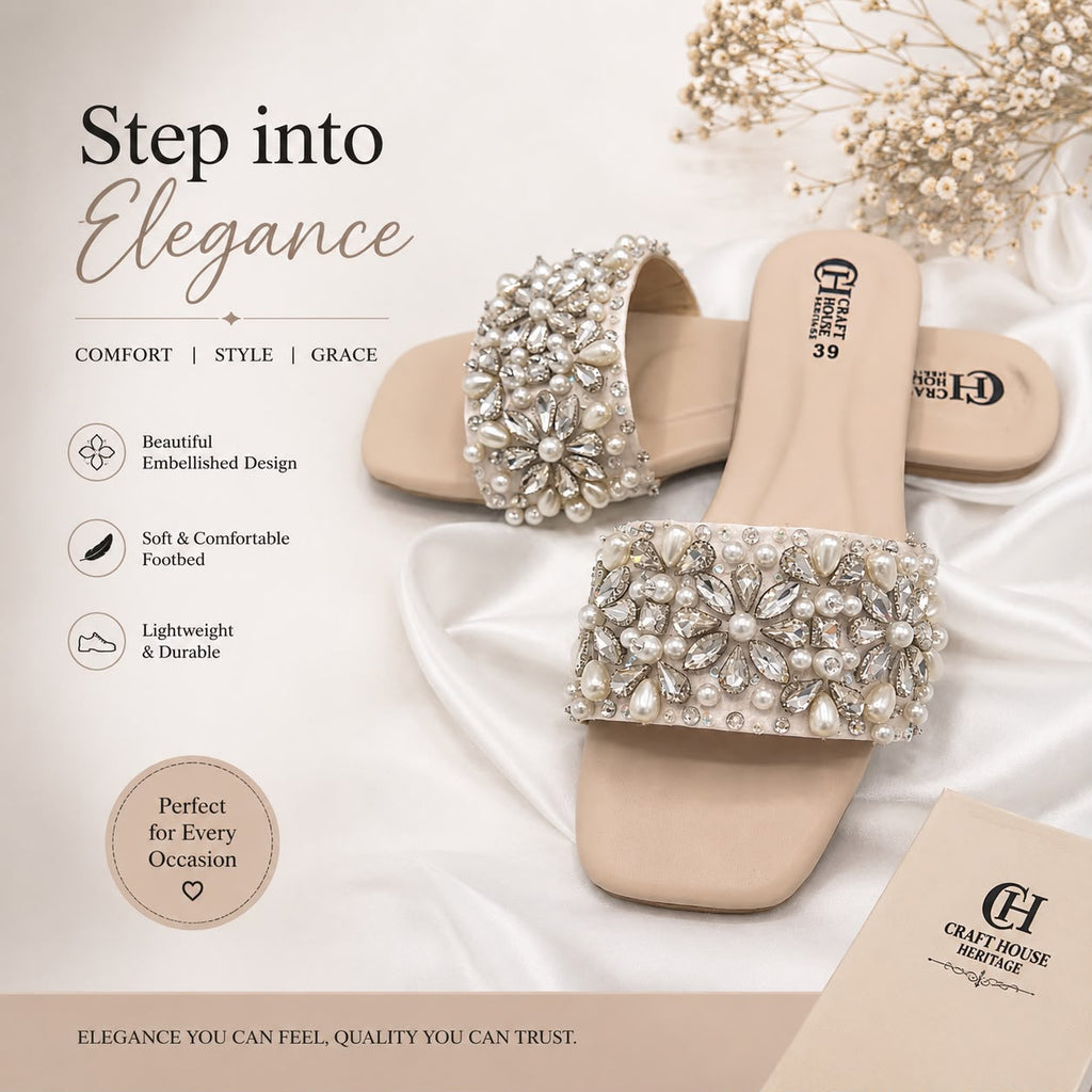 Handmade Pearl & Crystal Embellished Women's Flat Slippers