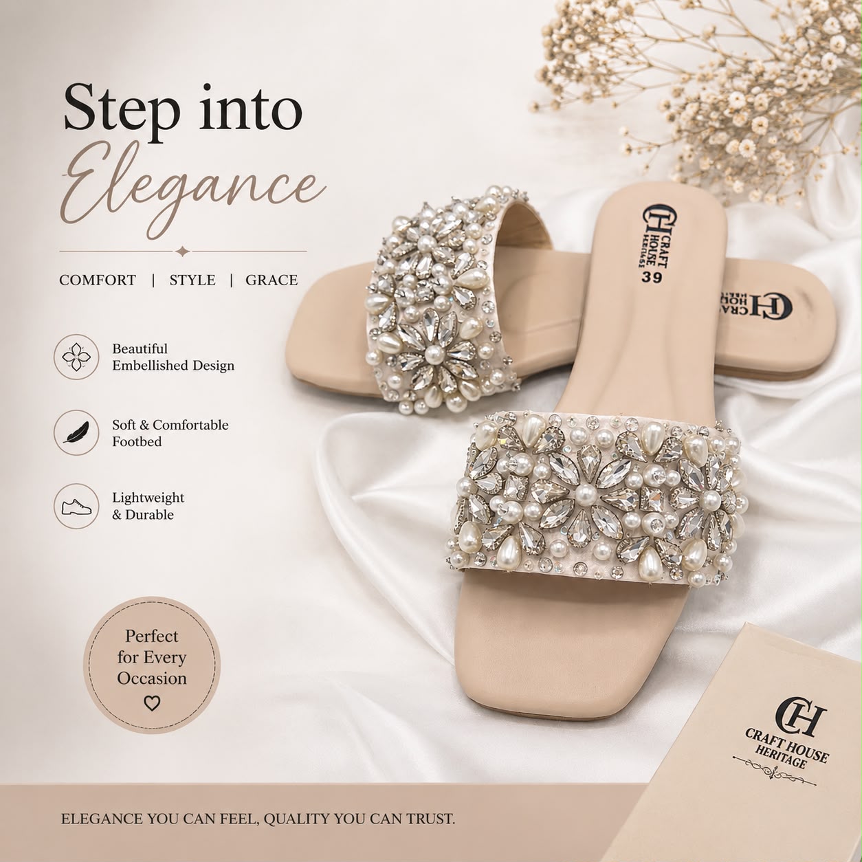 Handmade Pearl & Crystal Embellished Women's Flat Slippers