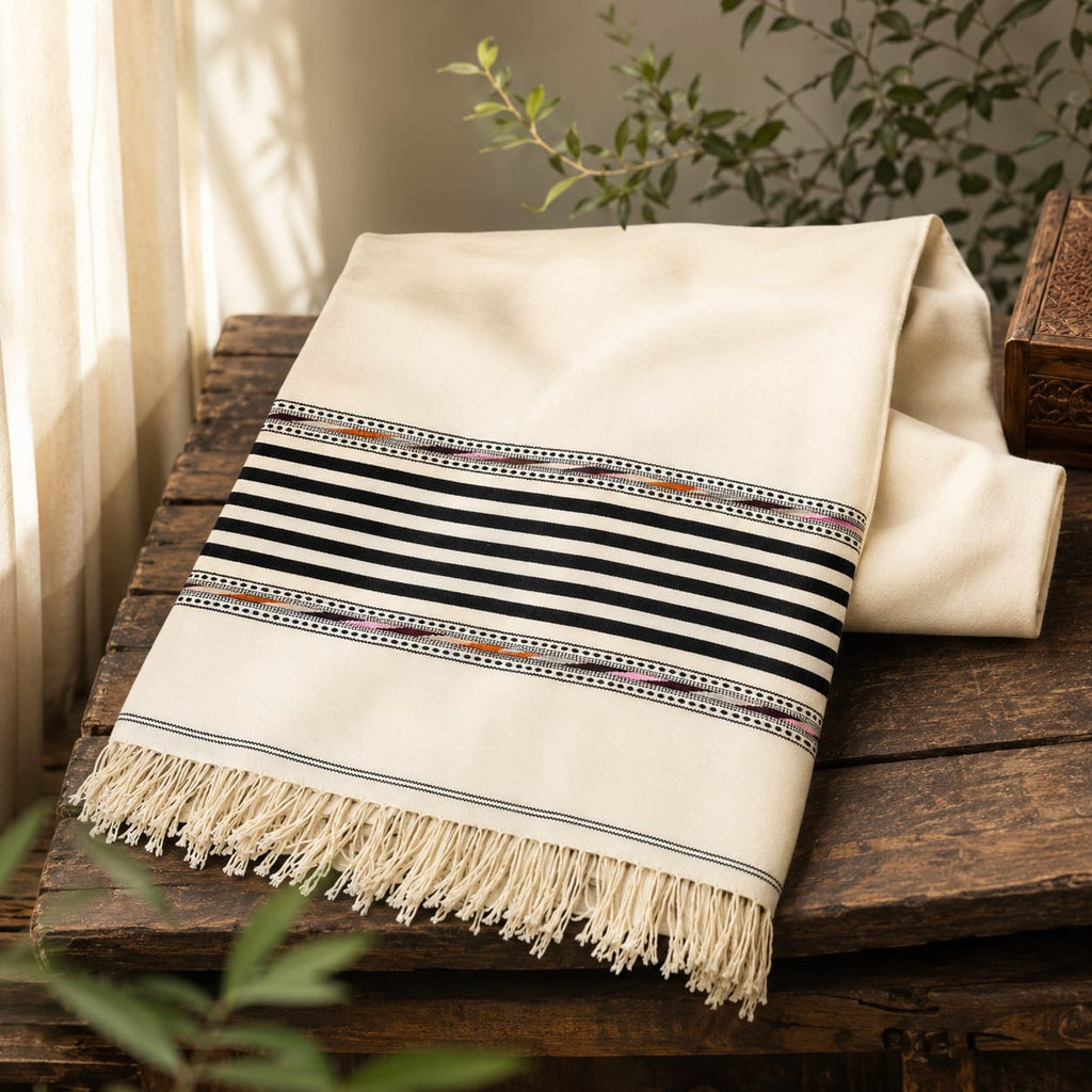 Off white Pure Wool Shawl with Multi borders design - SH-13