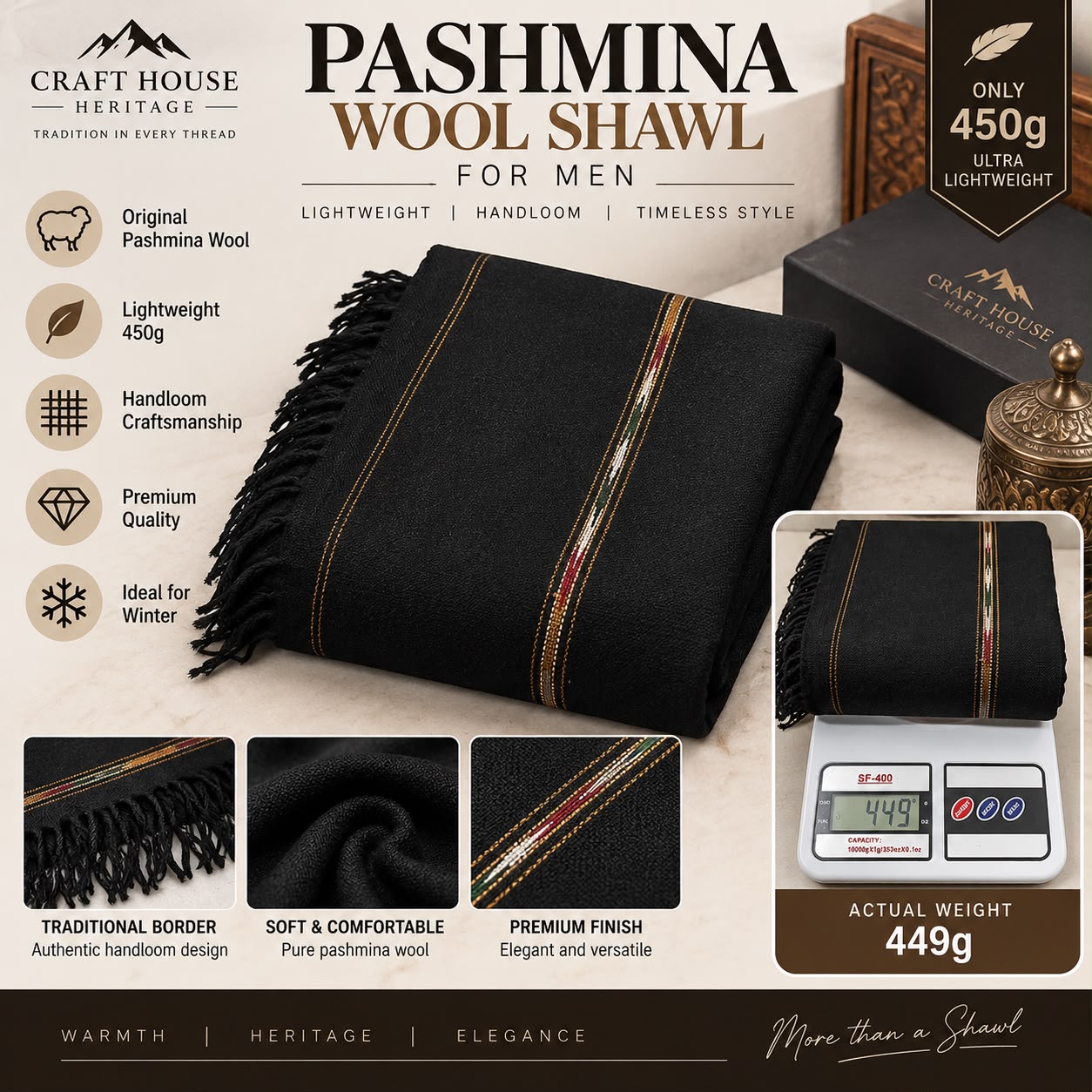 Handmade Black Pashmina Wool Shawl for Men – 72 Pashmina -SH-34