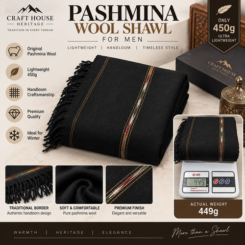 Handmade Black Pashmina Wool Shawl for Men – 72 Pashmina -SH-34