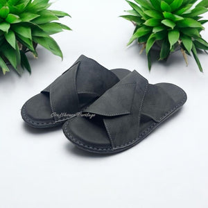 Handmade Soft Sole Grey Slippers for Men – Diabetic-Friendly with Anti-Slip Rubber Sole