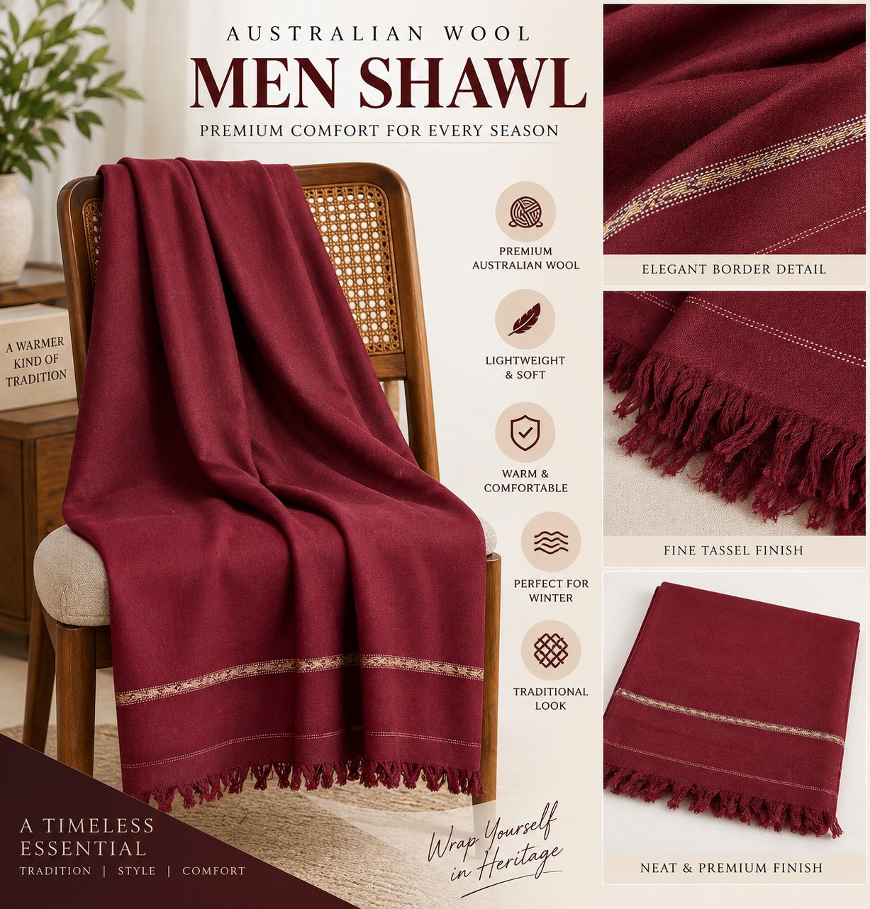 Men’s Mahroon shawl australian wool shawl for men -SH-30