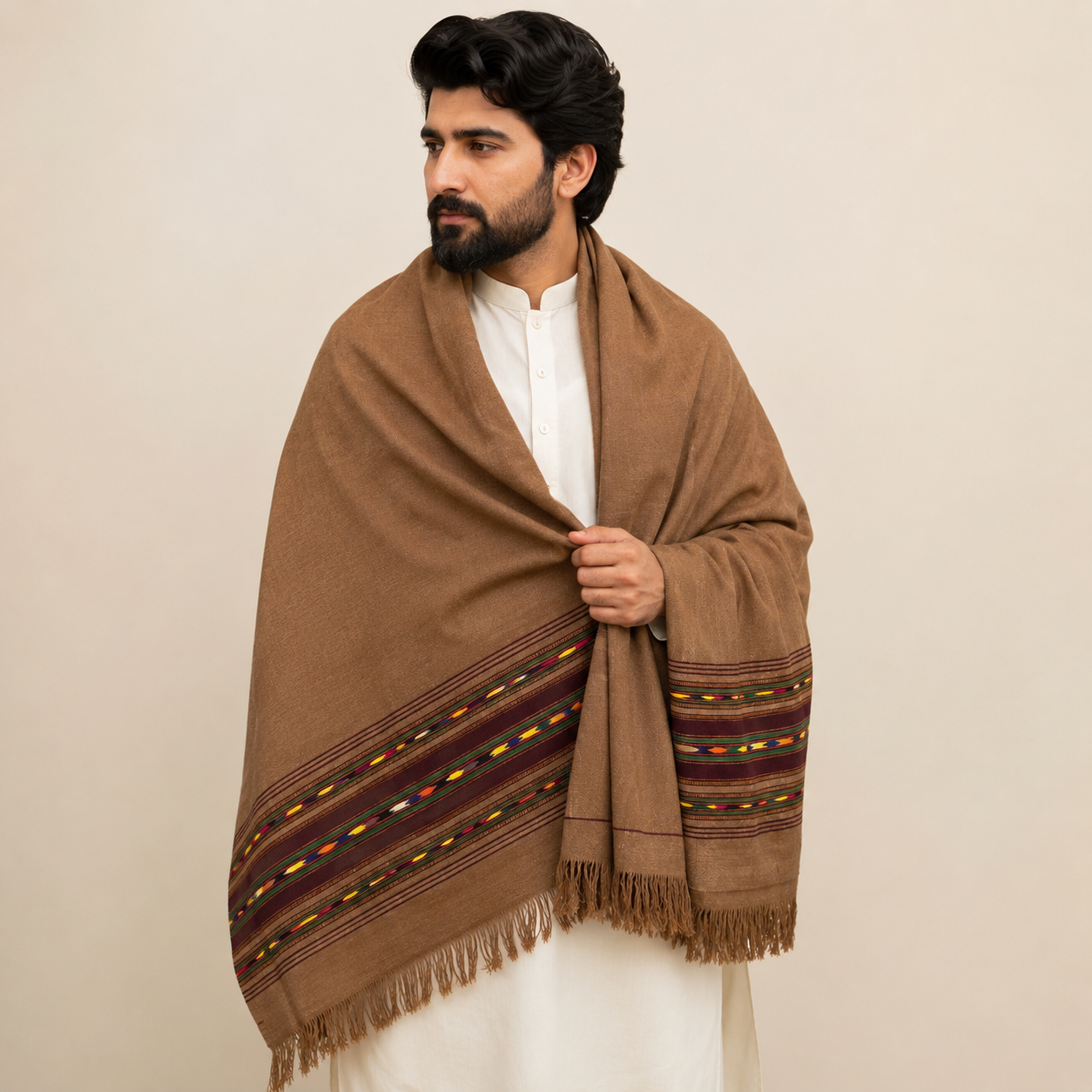 Camel Color Handmade Handloom Shawl for Men – Traditional Multicolor Woven Border