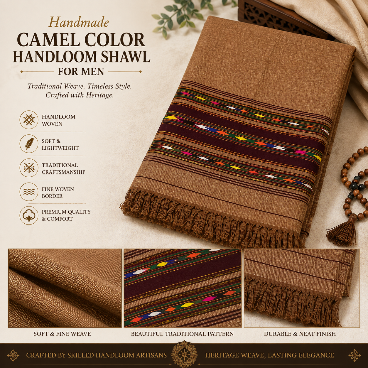 Camel Color Handmade Handloom Shawl for Men – Traditional Multicolor Woven Border