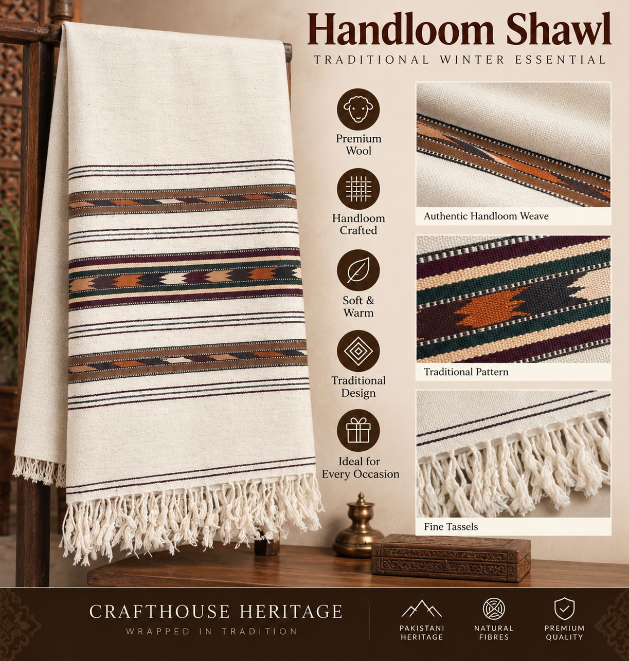 Handmade Wadera Style Swati Shawl for Men – “Sharai” with Three Borders -SH-25