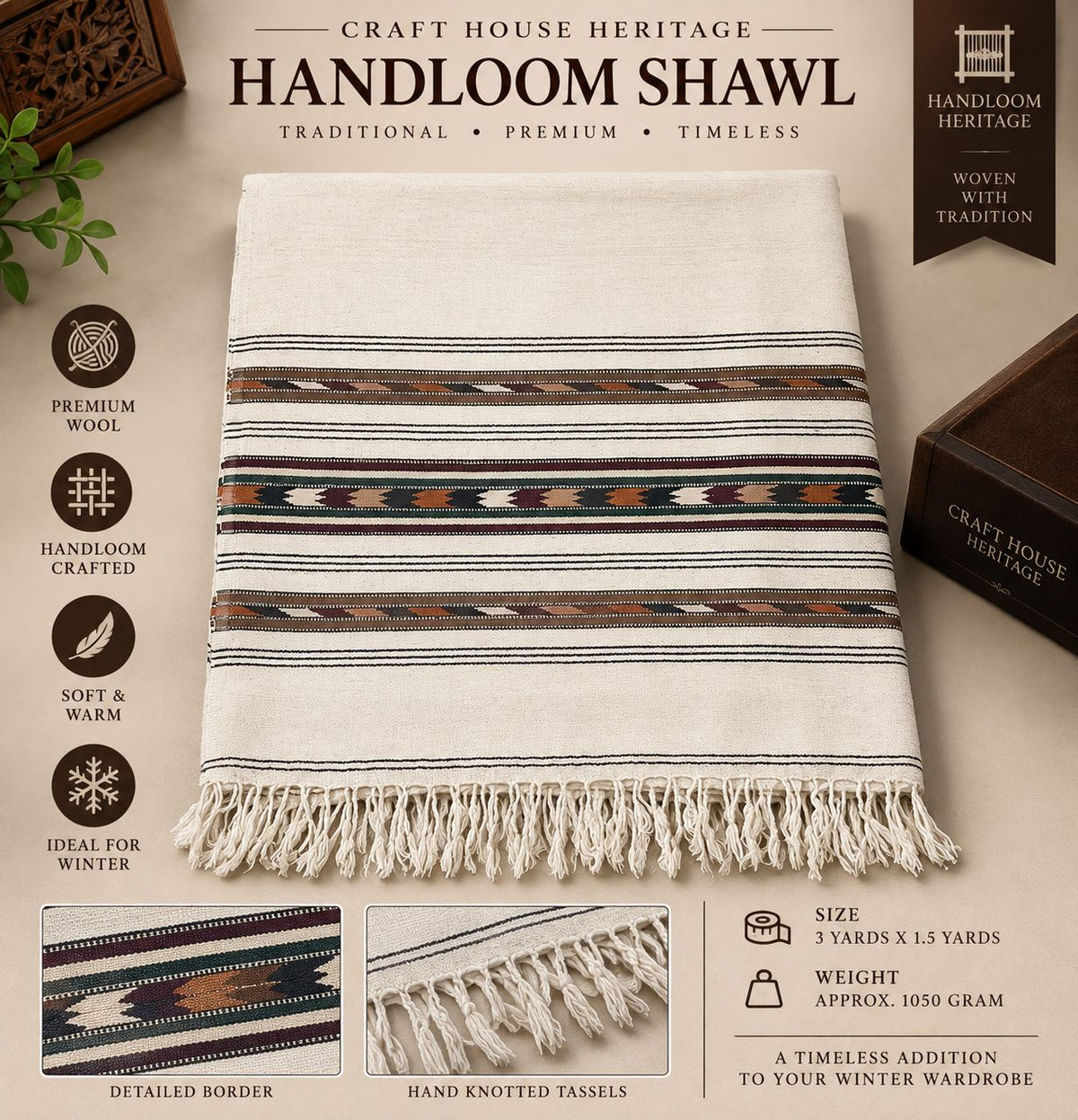 Handmade Wadera Style Swati Shawl for Men – “Sharai” with Three Borders -SH-25